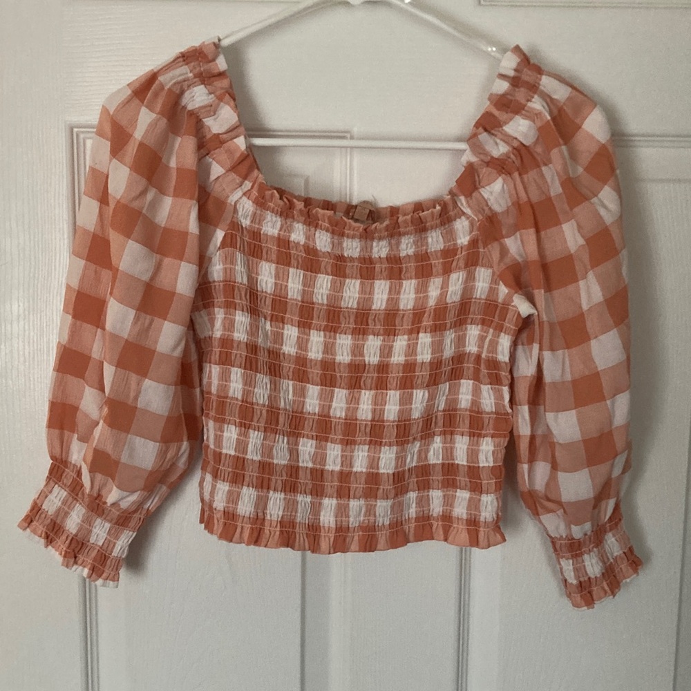 Revolution Orange and White Gingham Smocked Blouse